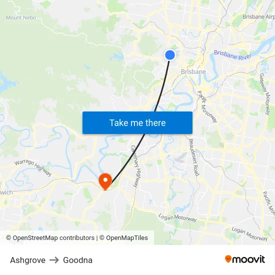Ashgrove to Goodna map