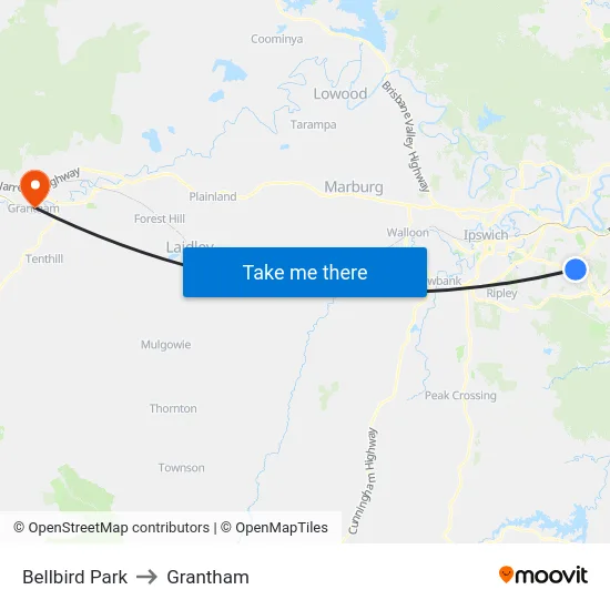 Bellbird Park to Grantham map