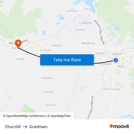 Churchill to Grantham map