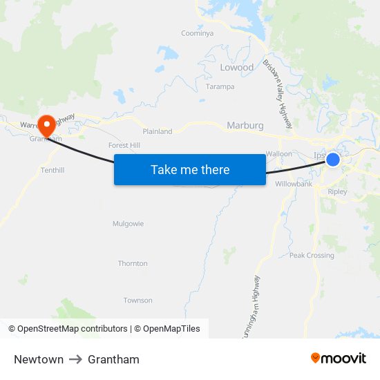Newtown to Grantham map