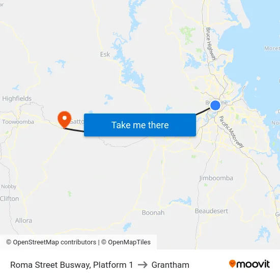 Roma Street Busway, Platform 1 to Grantham map