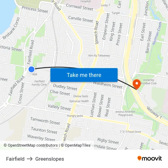 Fairfield to Greenslopes map