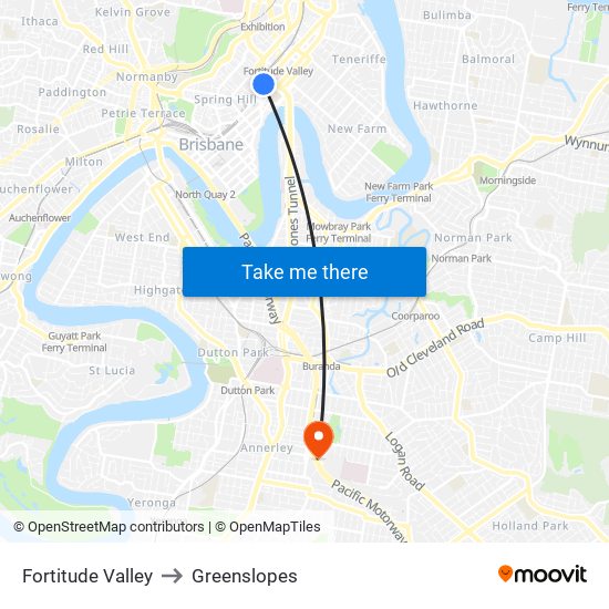 Fortitude Valley to Greenslopes map