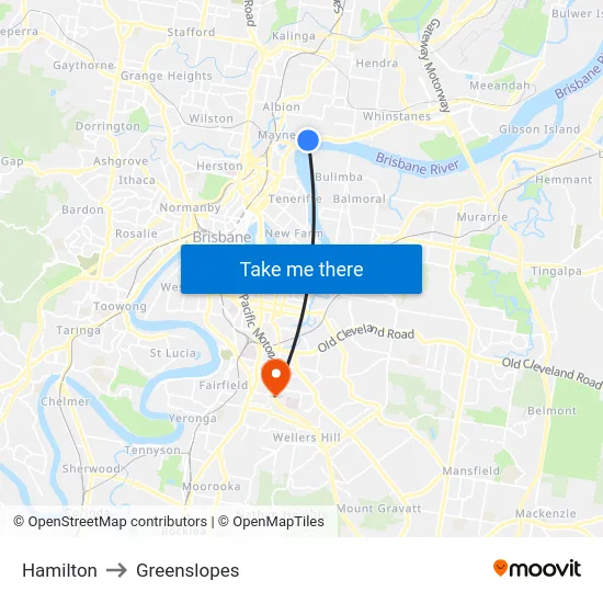 Hamilton to Greenslopes map