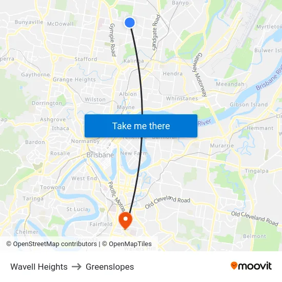 Wavell Heights to Greenslopes map