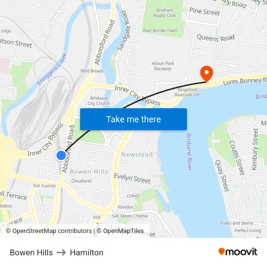 Bowen Hills to Hamilton map