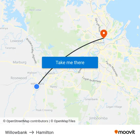 Willowbank to Hamilton map
