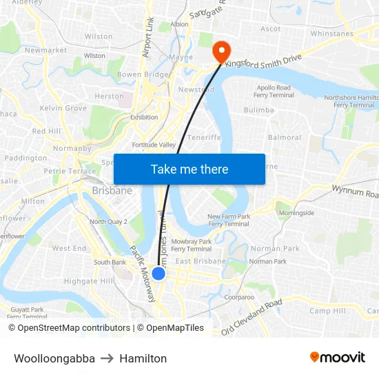 Woolloongabba to Hamilton map