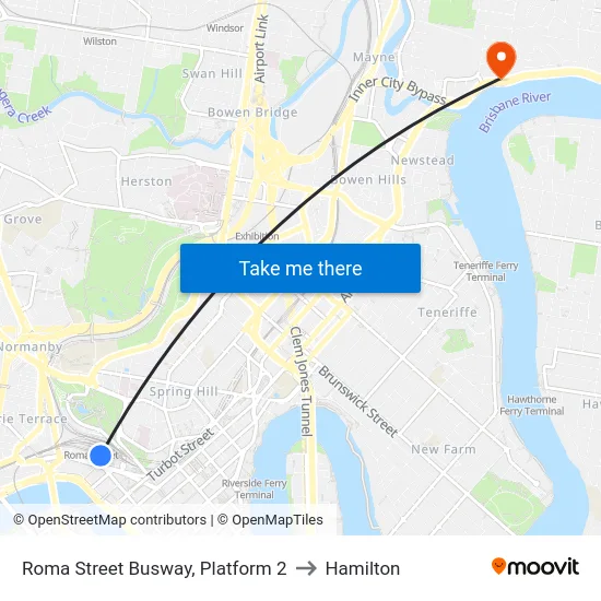 Roma Street Busway, Platform 2 to Hamilton map