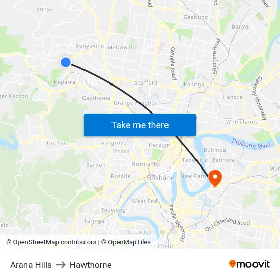 Arana Hills to Hawthorne map