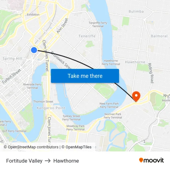 Fortitude Valley to Hawthorne map