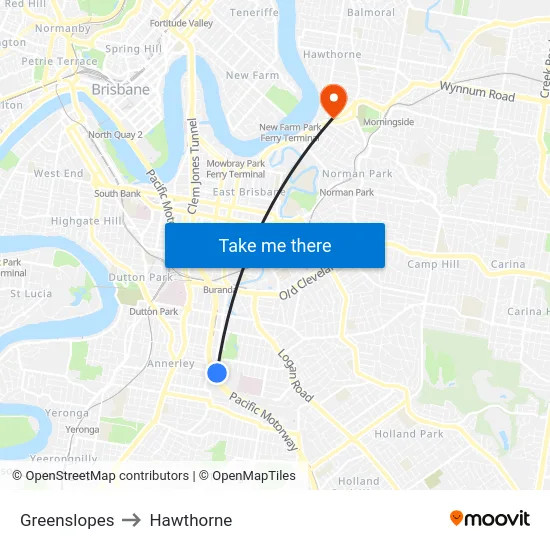 Greenslopes to Hawthorne map