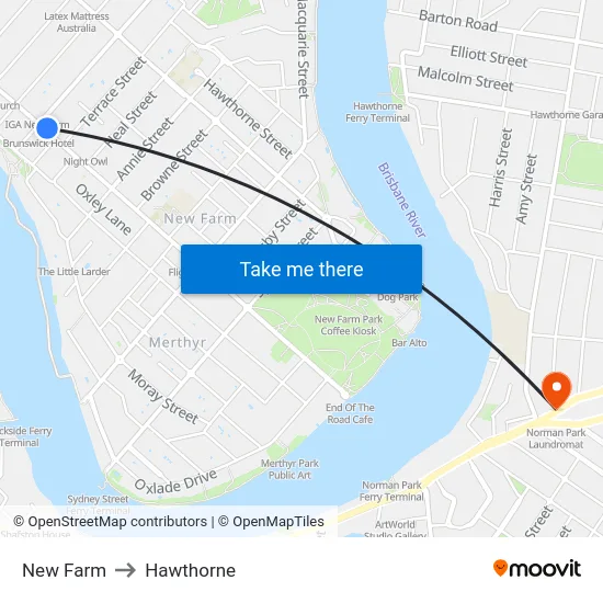 New Farm to Hawthorne map