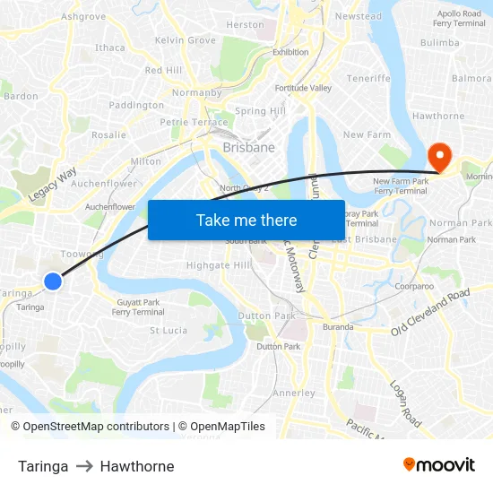 Taringa to Hawthorne map