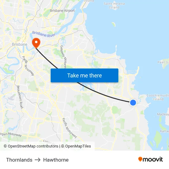 Thornlands to Hawthorne map