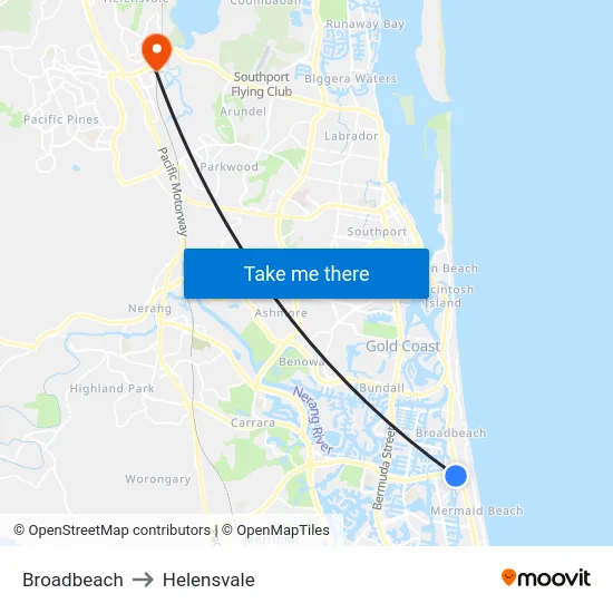 Broadbeach to Helensvale map