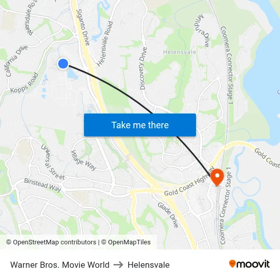 Warner Bros. Movie World to Helensvale map