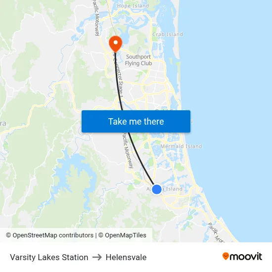Varsity Lakes Station to Helensvale map