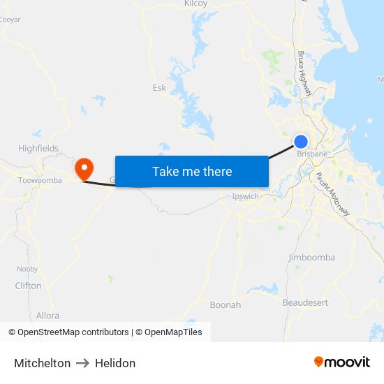 Mitchelton to Helidon map