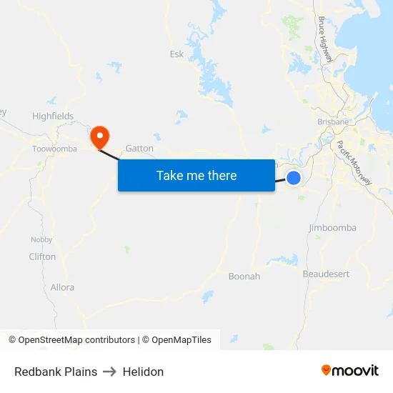 Redbank Plains to Helidon map
