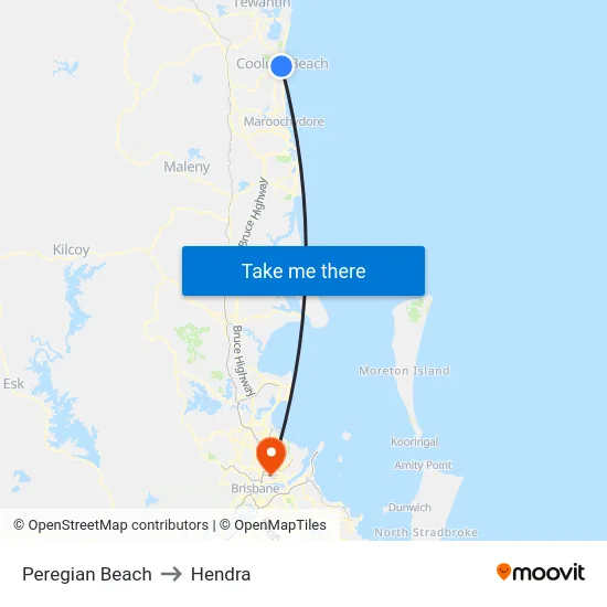 Peregian Beach to Hendra map