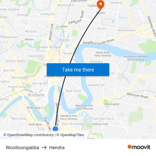 Woolloongabba to Hendra map
