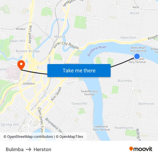 Bulimba to Herston map