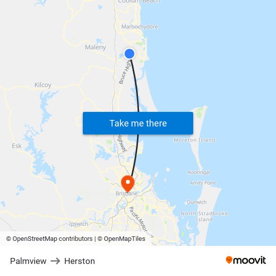 Palmview to Herston map