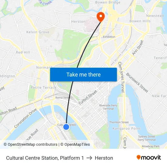 Cultural Centre Station, Platform 1 to Herston map