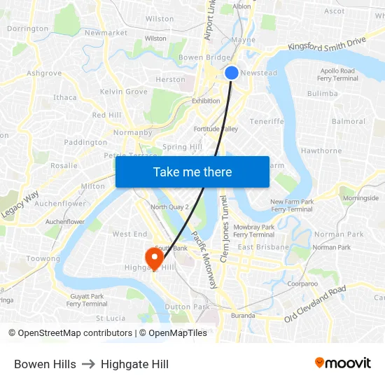Bowen Hills to Highgate Hill map