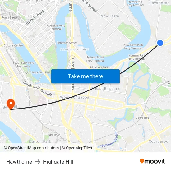 Hawthorne to Highgate Hill map