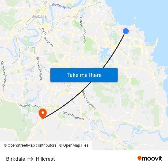 Birkdale to Hillcrest map