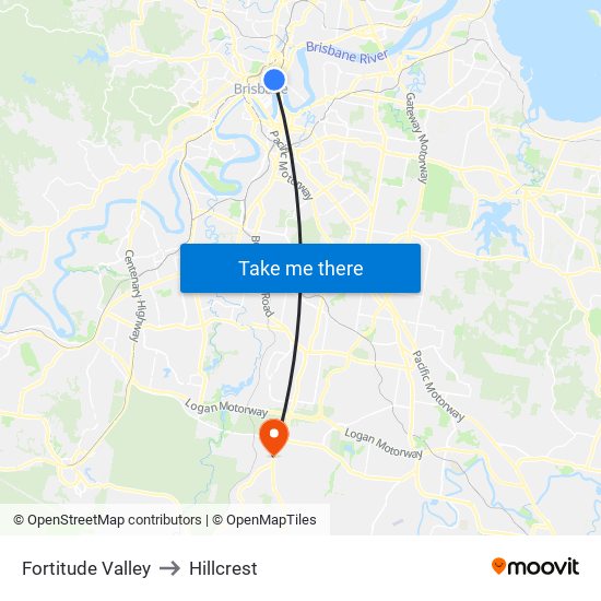 Fortitude Valley to Hillcrest map