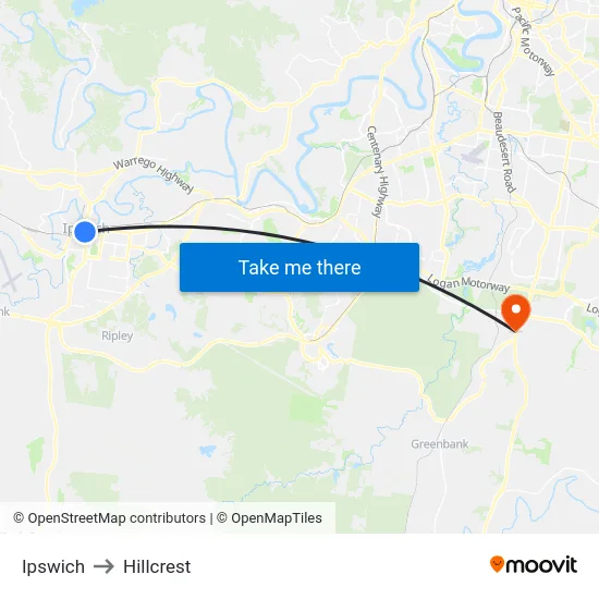 Ipswich to Hillcrest map