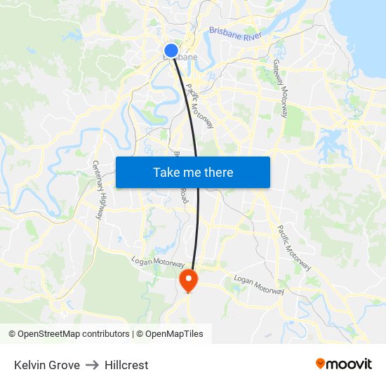 Kelvin Grove to Hillcrest map