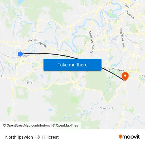 North Ipswich to Hillcrest map