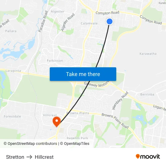 Stretton to Hillcrest map