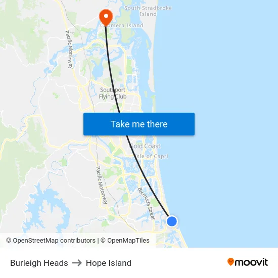 Burleigh Heads to Hope Island map