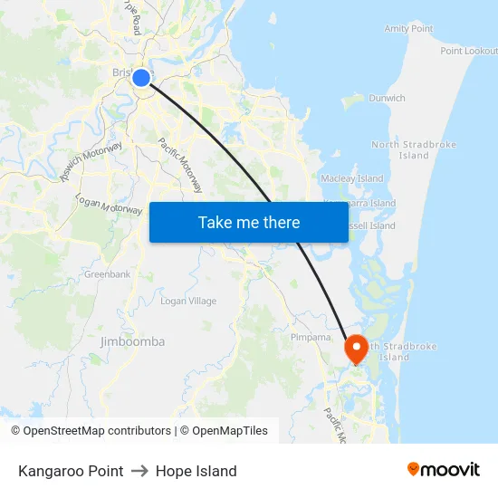 Kangaroo Point to Hope Island map