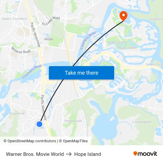 Warner Bros. Movie World to Hope Island map