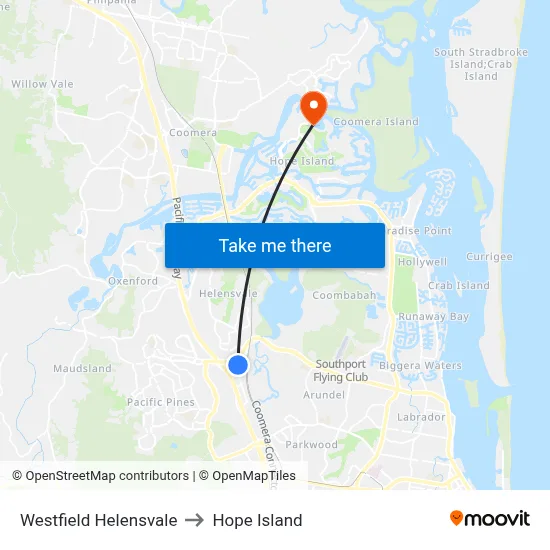 Westfield Helensvale to Hope Island map
