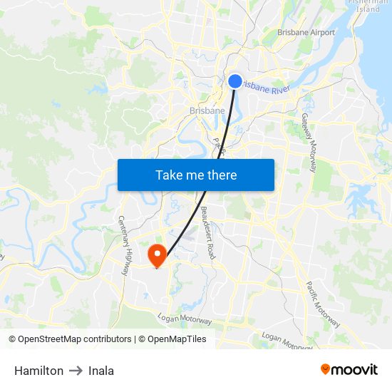 Hamilton to Inala map