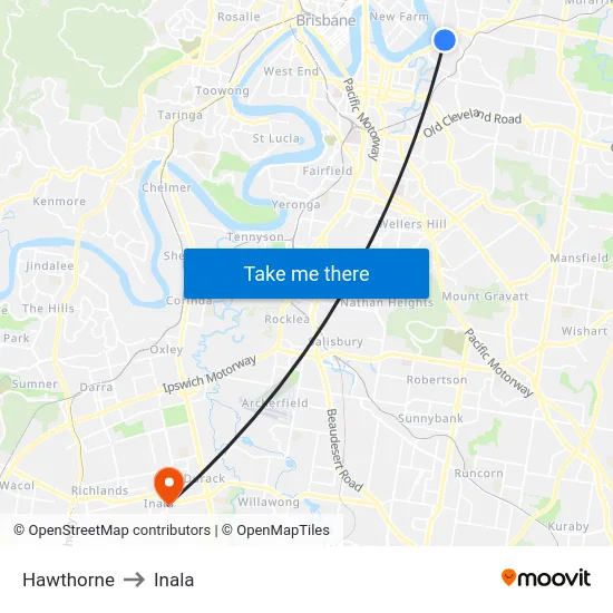 Hawthorne to Inala map