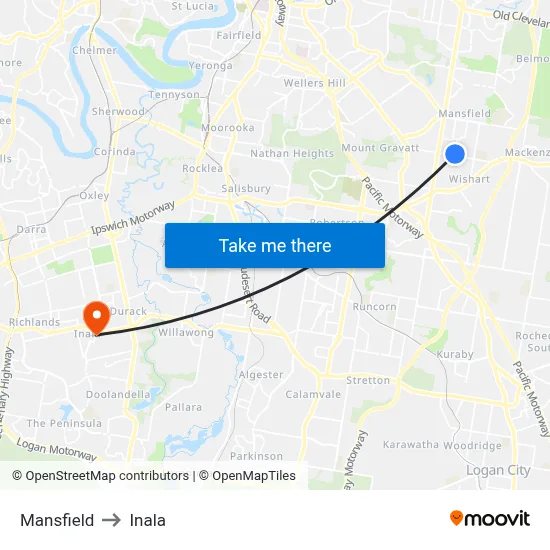 Mansfield to Inala map