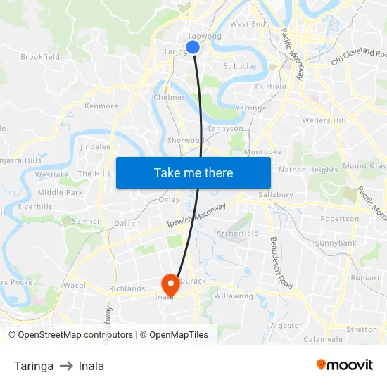 Taringa to Inala map