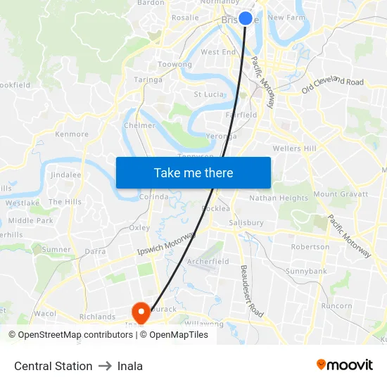 Central Station to Inala map