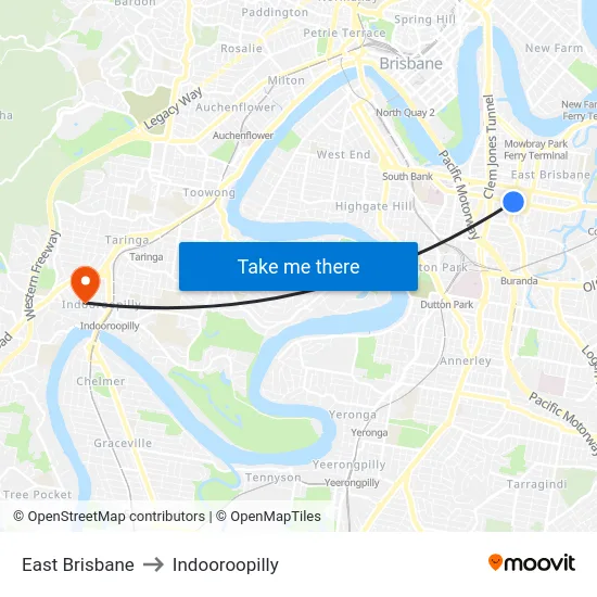 East Brisbane to Indooroopilly map