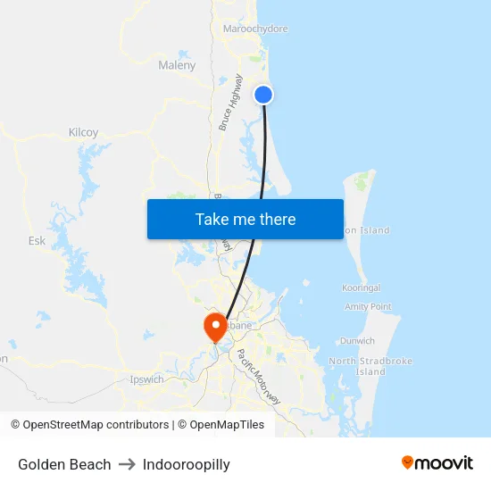 Golden Beach to Indooroopilly map