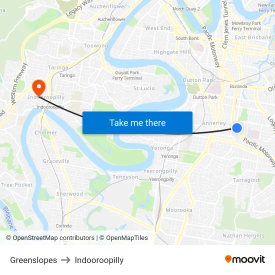 Greenslopes to Indooroopilly map