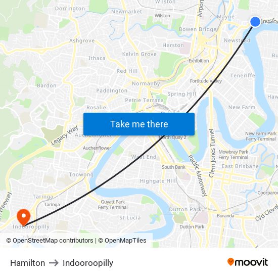 Hamilton to Indooroopilly map